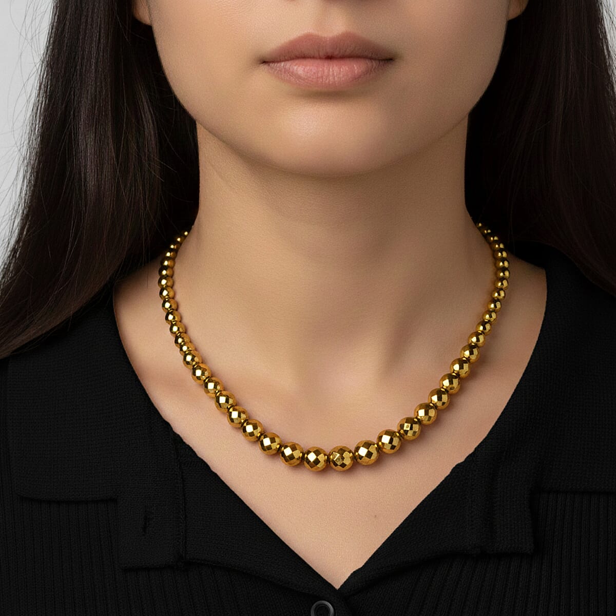 Yellow Gold Color Hematite 560.00 ctw Beaded Necklace in Silvertone 21-23 Inches image number 2