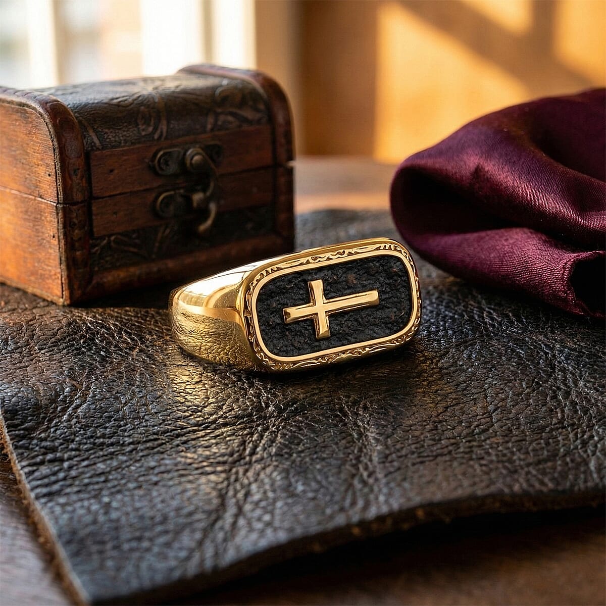 Cross Ring in Black Oxidized and ION Plated YG Stainless Steel (Size 6.5) image number 1