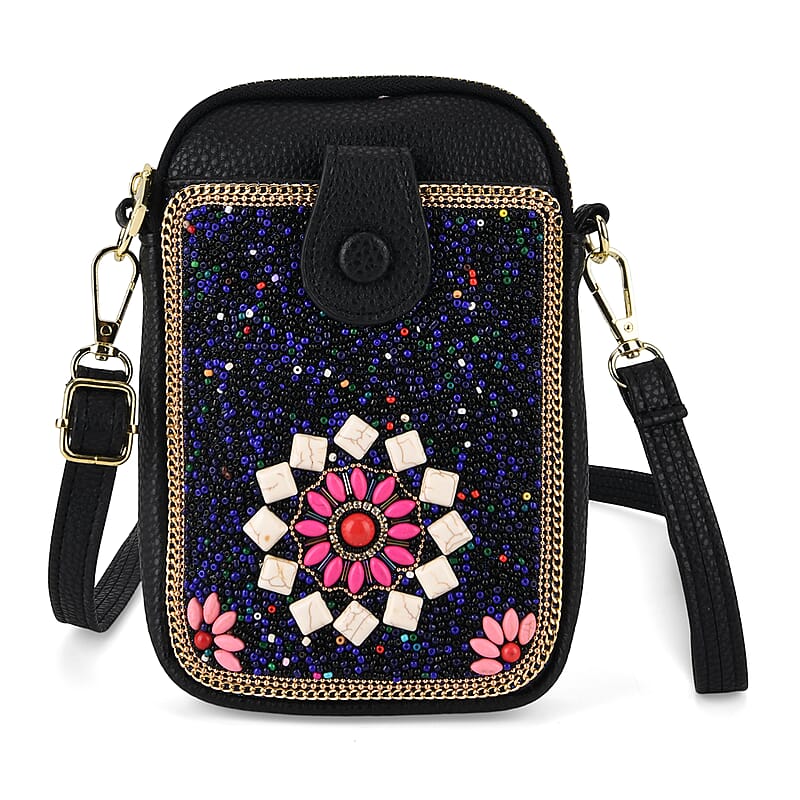 La Marey Navy Beaded Floral Medallion Faux Leather Shoulder Crossbody Bag
