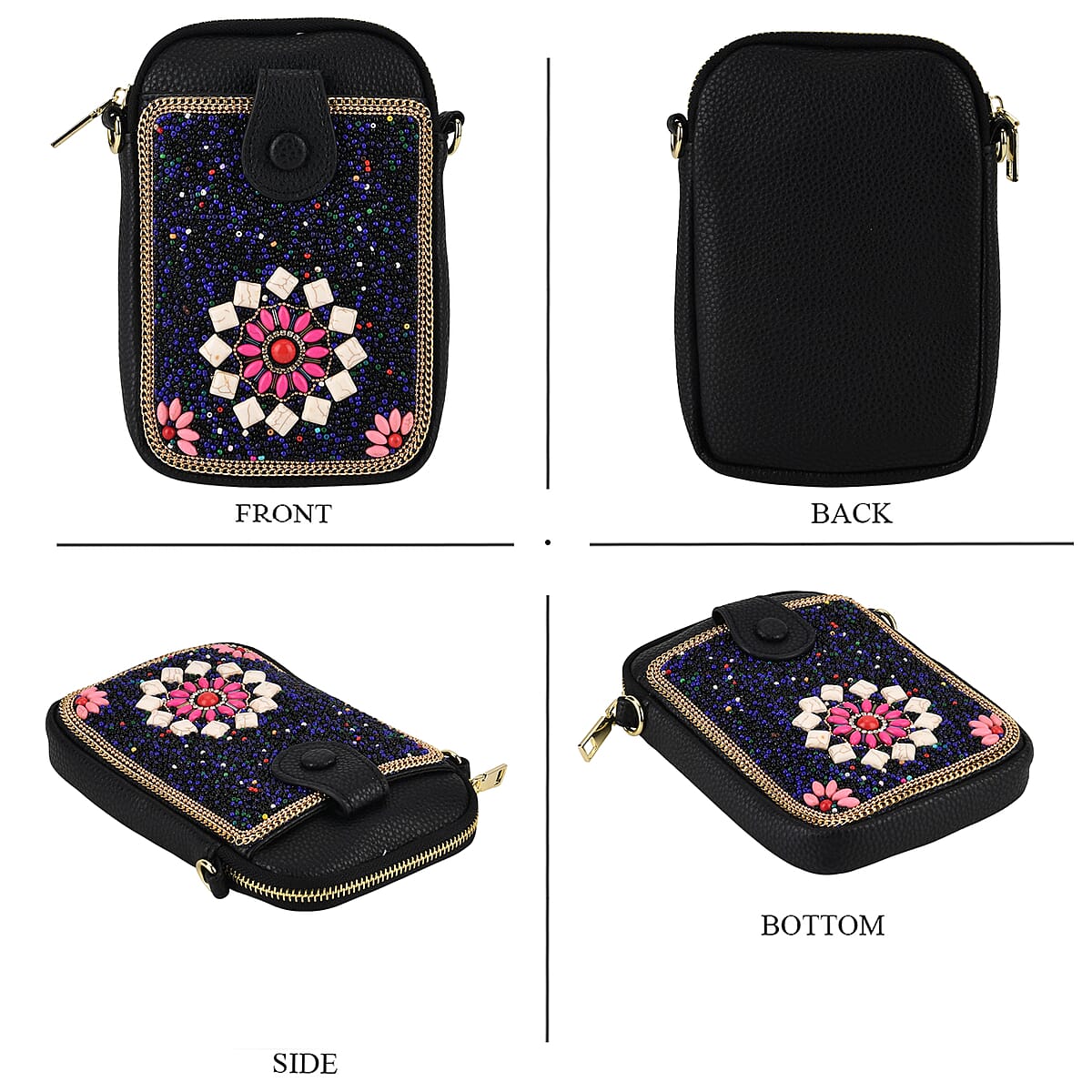 La Marey Navy Beaded Floral Medallion Faux Leather Shoulder Crossbody Bag image number 1