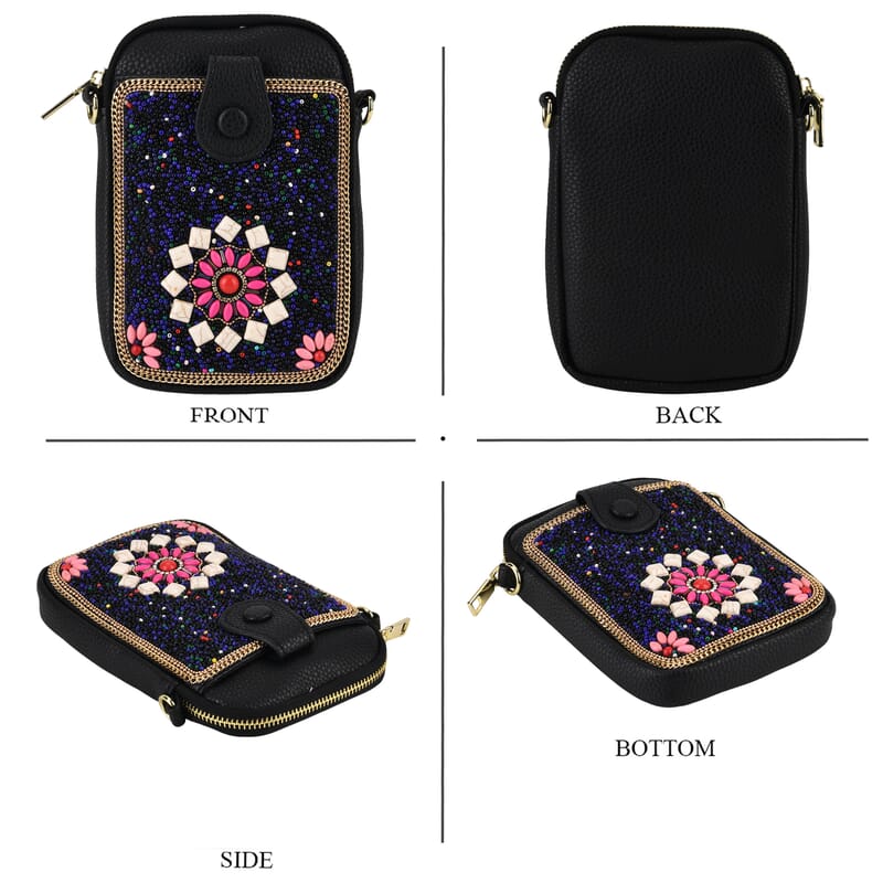 La Marey Navy Beaded Floral Medallion Faux Leather Shoulder Crossbody Bag