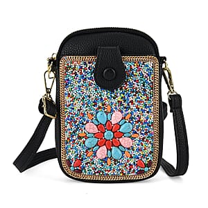 La Marey Multi Color Beaded Floral Mosaic Faux Leather Shoulder Crossbody Bag