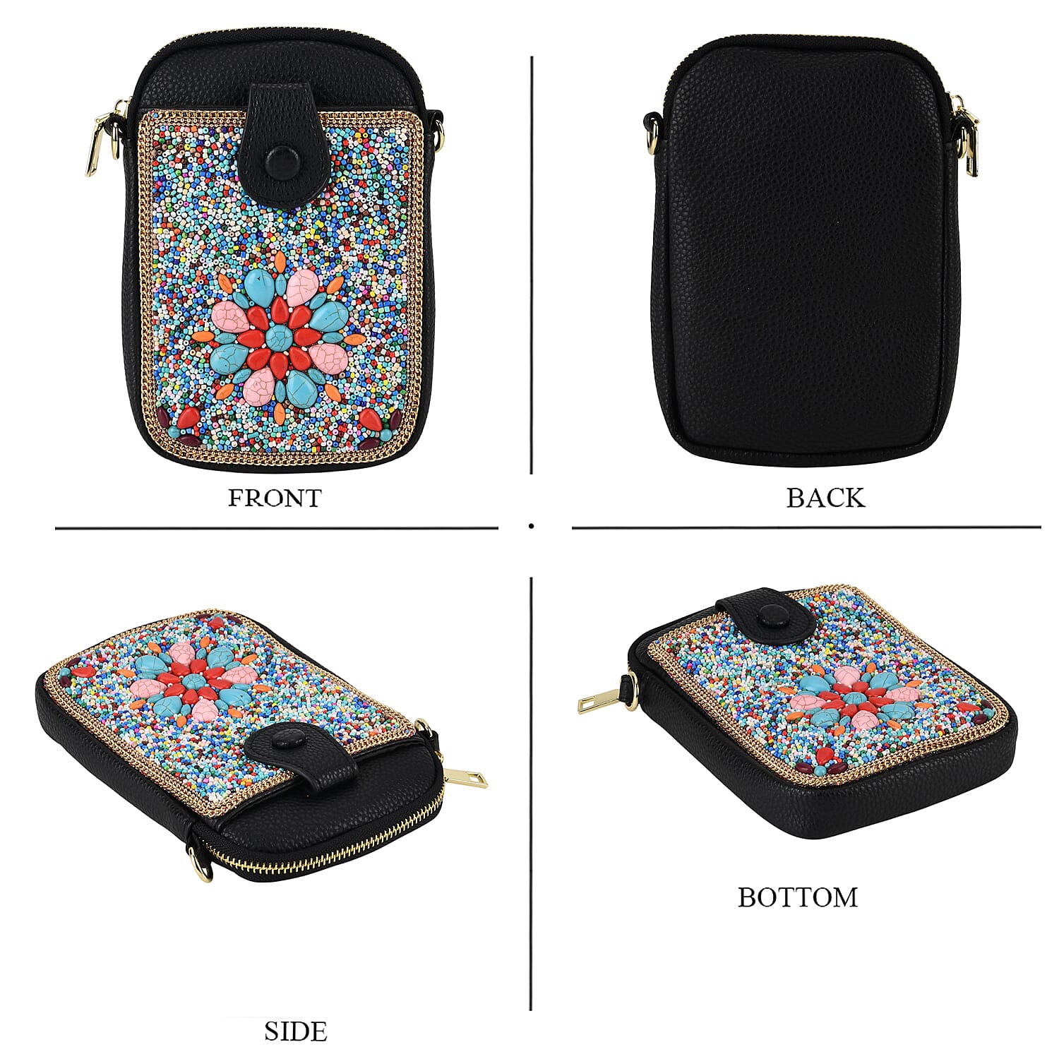 La Marey Multi Color Beaded Floral Mosaic Faux Leather Shoulder Crossbody Bag