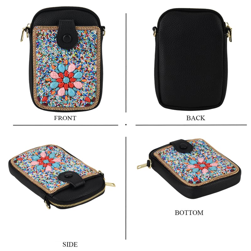 La Marey Multi Color Beaded Floral Mosaic Faux Leather Shoulder Crossbody Bag