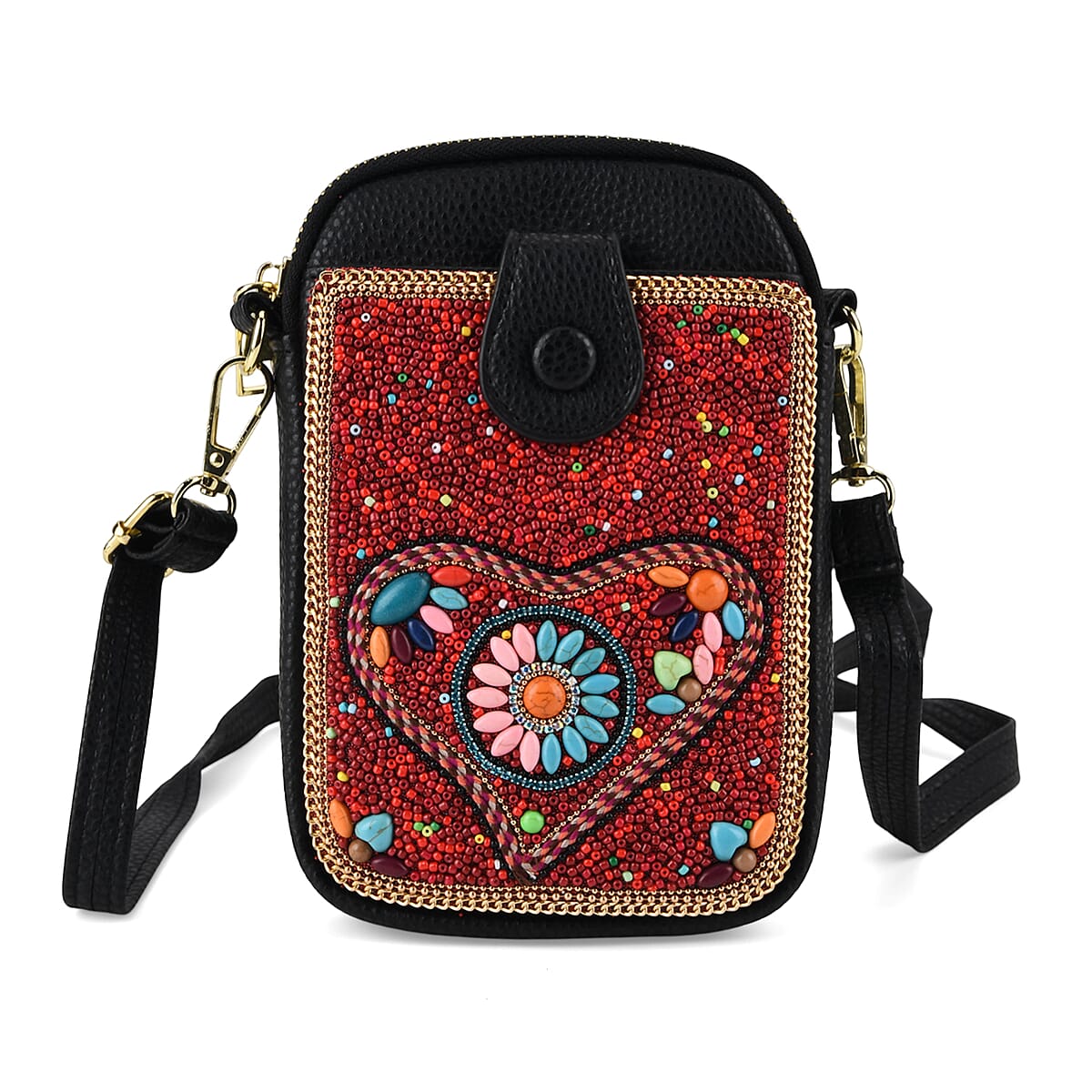 La Marey Red Beaded Heart with Floral Faux Leather Shoulder Crossbody Bag image number 0