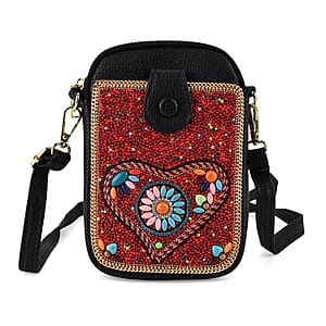 La Marey Red Beaded Heart with Floral Faux Leather Shoulder Crossbody Bag