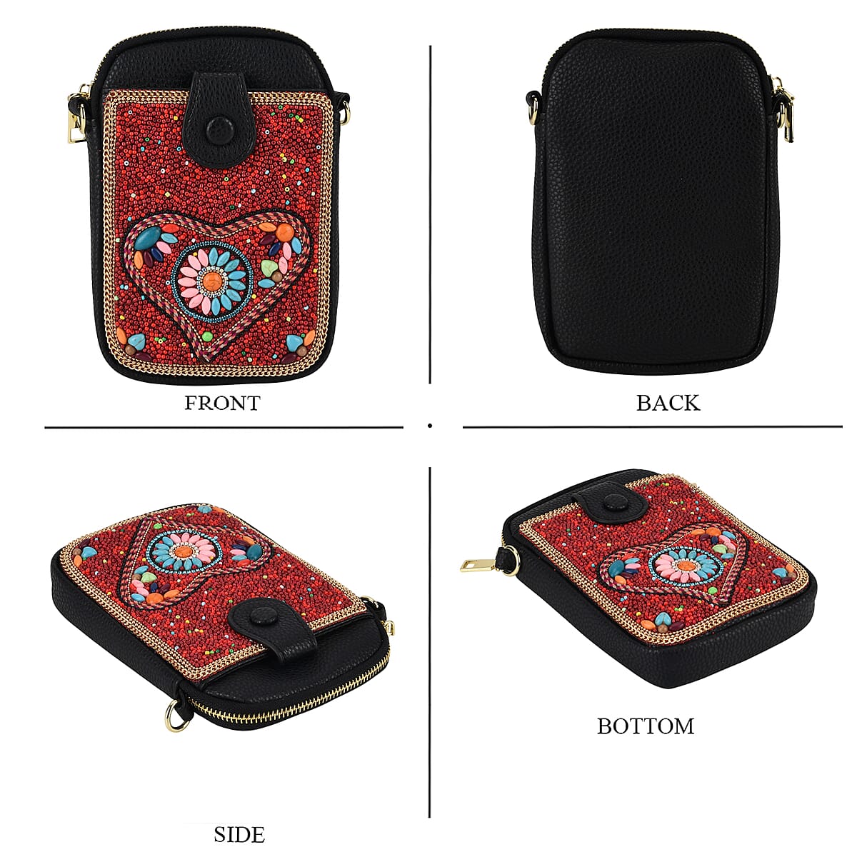 La Marey Red Beaded Heart with Floral Faux Leather Shoulder Crossbody Bag image number 1