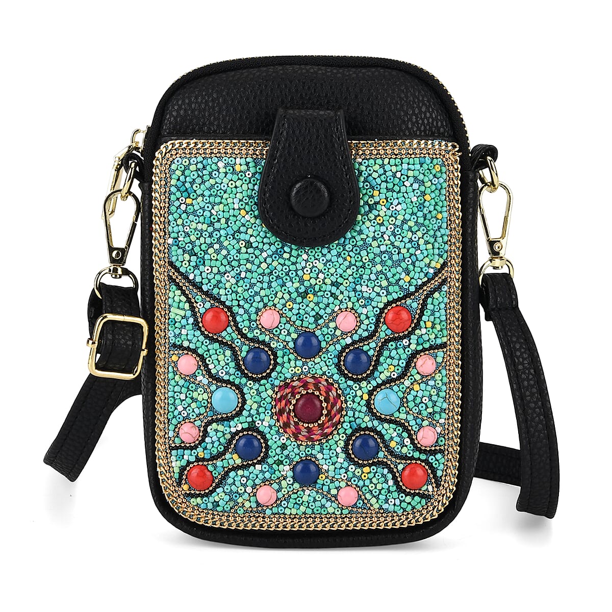 La Marey Aqua Turquoise Beaded Mandala Burst Faux Leather Shoulder Crossbody Bag image number 0