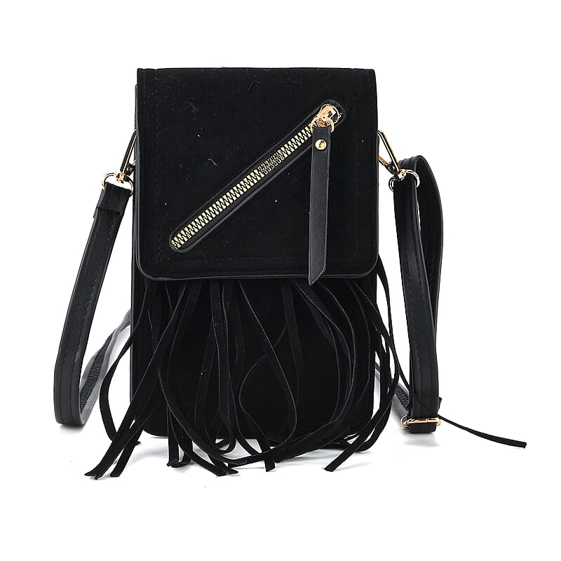 La Marey Black Faux Leather Tassel Crossbody Bag with 2 Shoulder Strap
