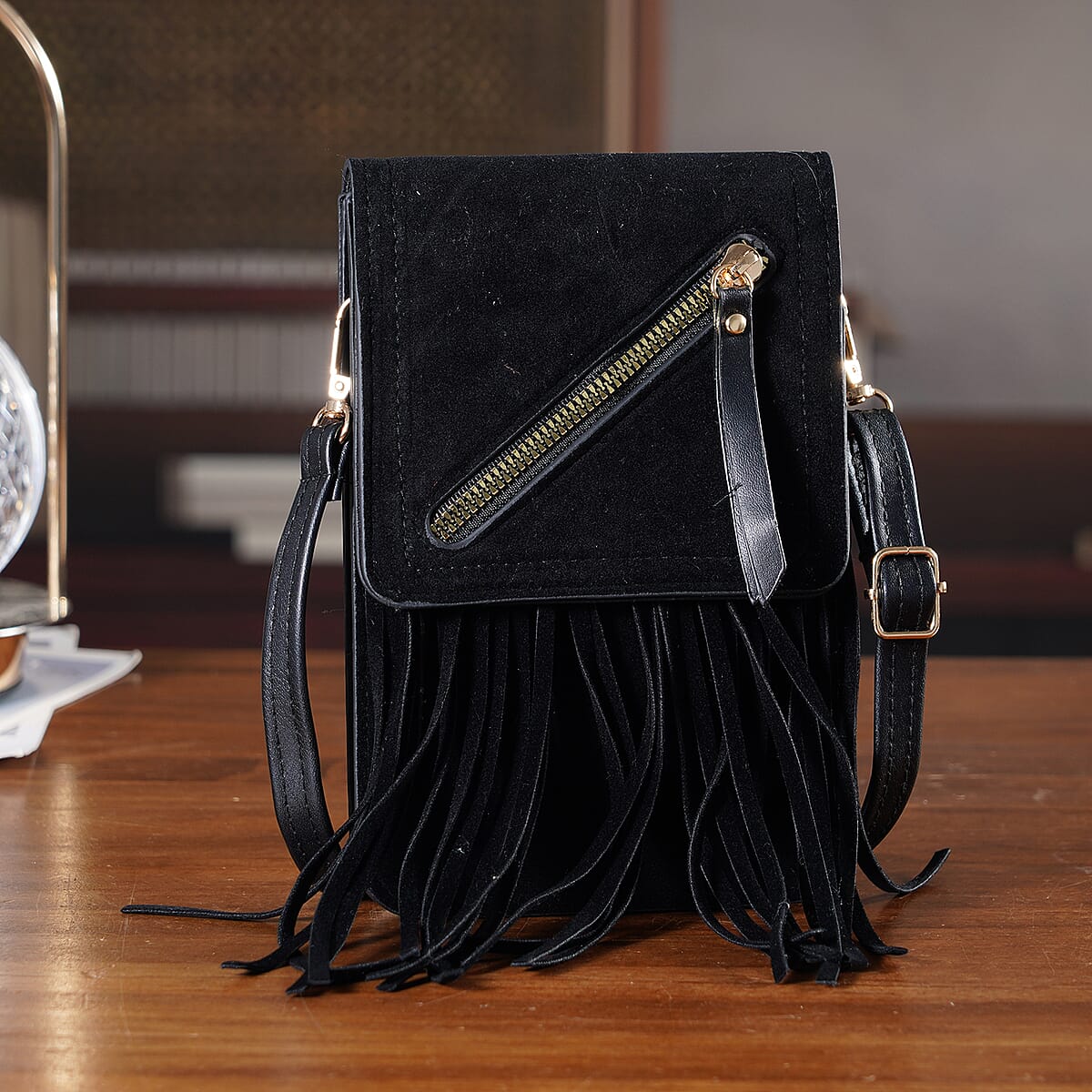 La Marey Black Faux Leather Tassel Crossbody Bag with 2 Shoulder Strap image number 1