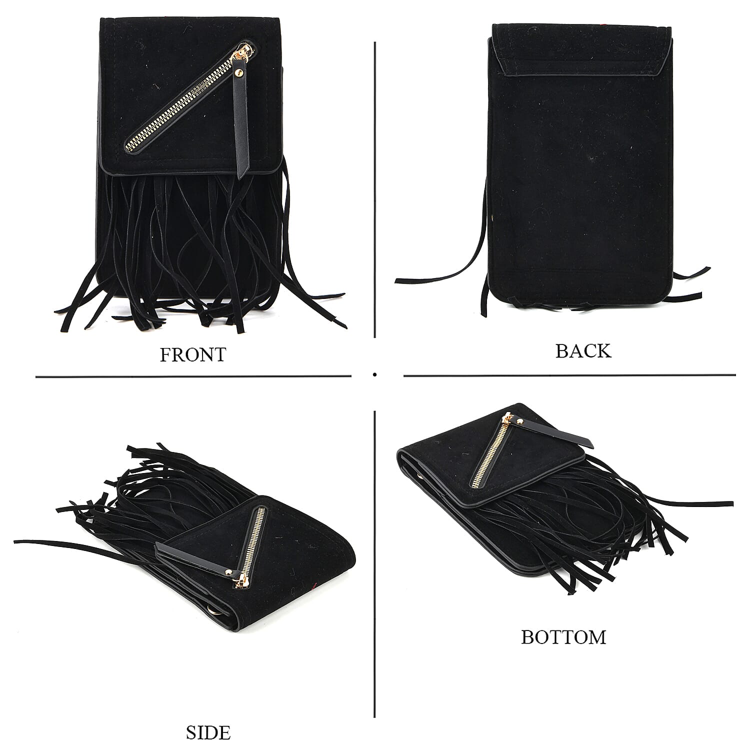 La Marey Black Faux Leather Tassel Crossbody Bag with 2 Shoulder Strap