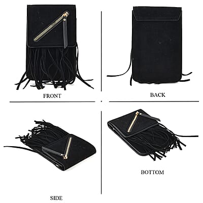 La Marey Black Faux Leather Tassel Crossbody Bag with 2 Shoulder Strap