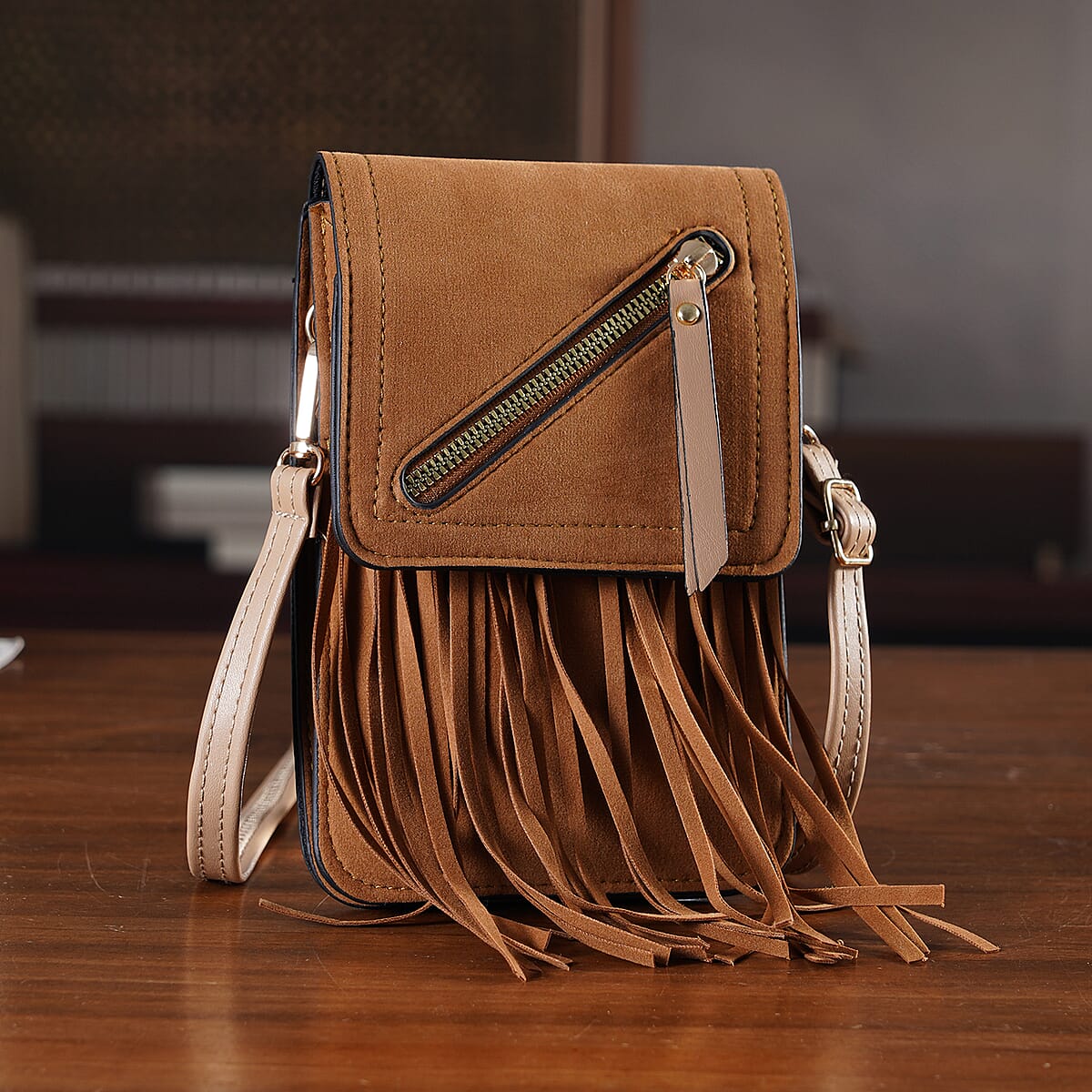La Marey Khaki Faux Leather Tassel Crossbody Bag with 2 Shoulder Strap image number 1