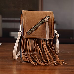 La Marey Khaki Faux Leather Tassel Crossbody Bag with 2 Shoulder Strap