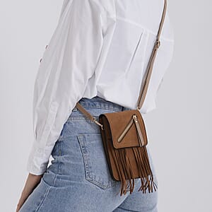 La Marey Khaki Faux Leather Tassel Crossbody Bag with 2 Shoulder Strap