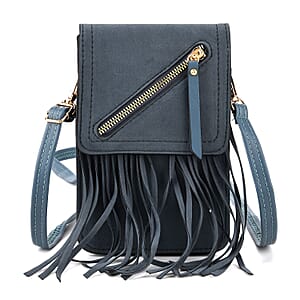 La Marey Dark Blue Faux Leather Tassel Crossbody Bag with 2 Shoulder Strap