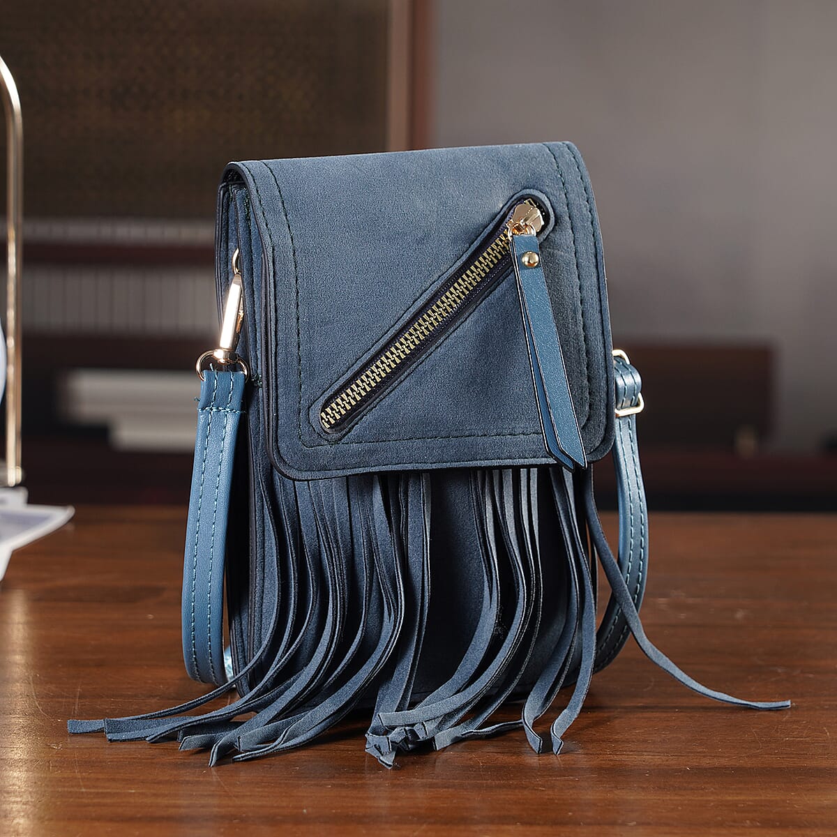 La Marey Dark Blue Faux Leather Tassel Crossbody Bag with 2 Shoulder Strap image number 1
