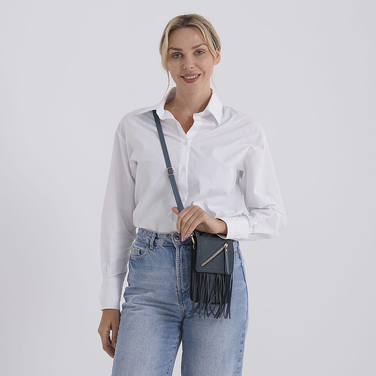 La Marey Dark Blue Faux Leather Tassel Crossbody Bag with 2 Shoulder Strap image number 2