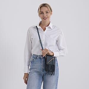 La Marey Dark Blue Faux Leather Tassel Crossbody Bag with 2 Shoulder Strap