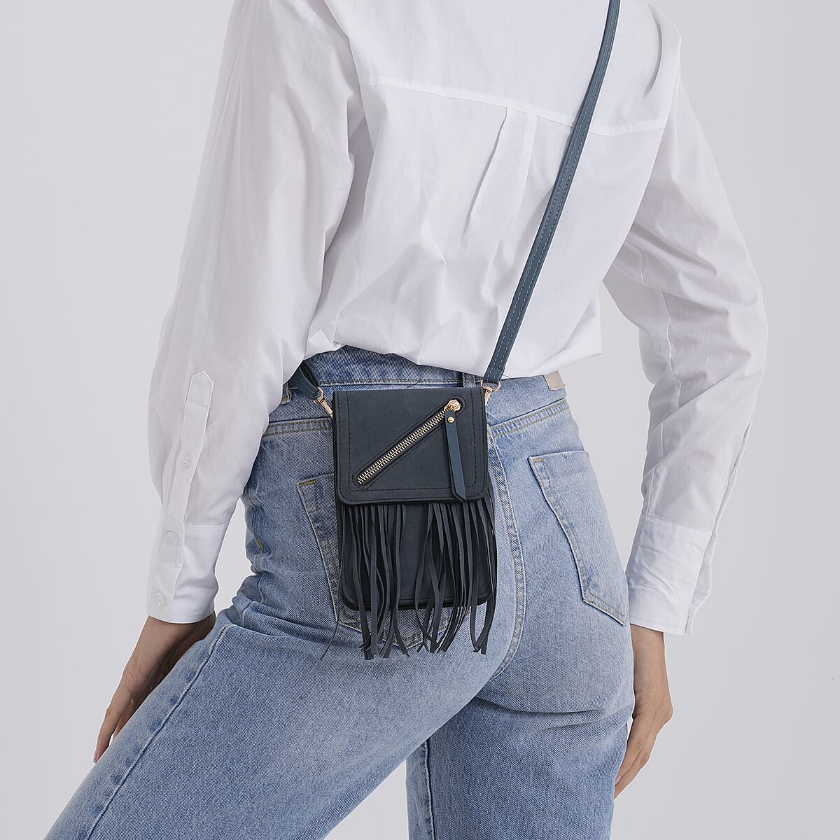 La Marey Dark Blue Faux Leather Tassel Crossbody Bag with 2 Shoulder Strap image number 3