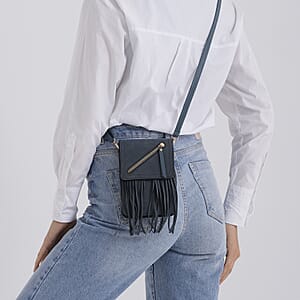 La Marey Dark Blue Faux Leather Tassel Crossbody Bag with 2 Shoulder Strap