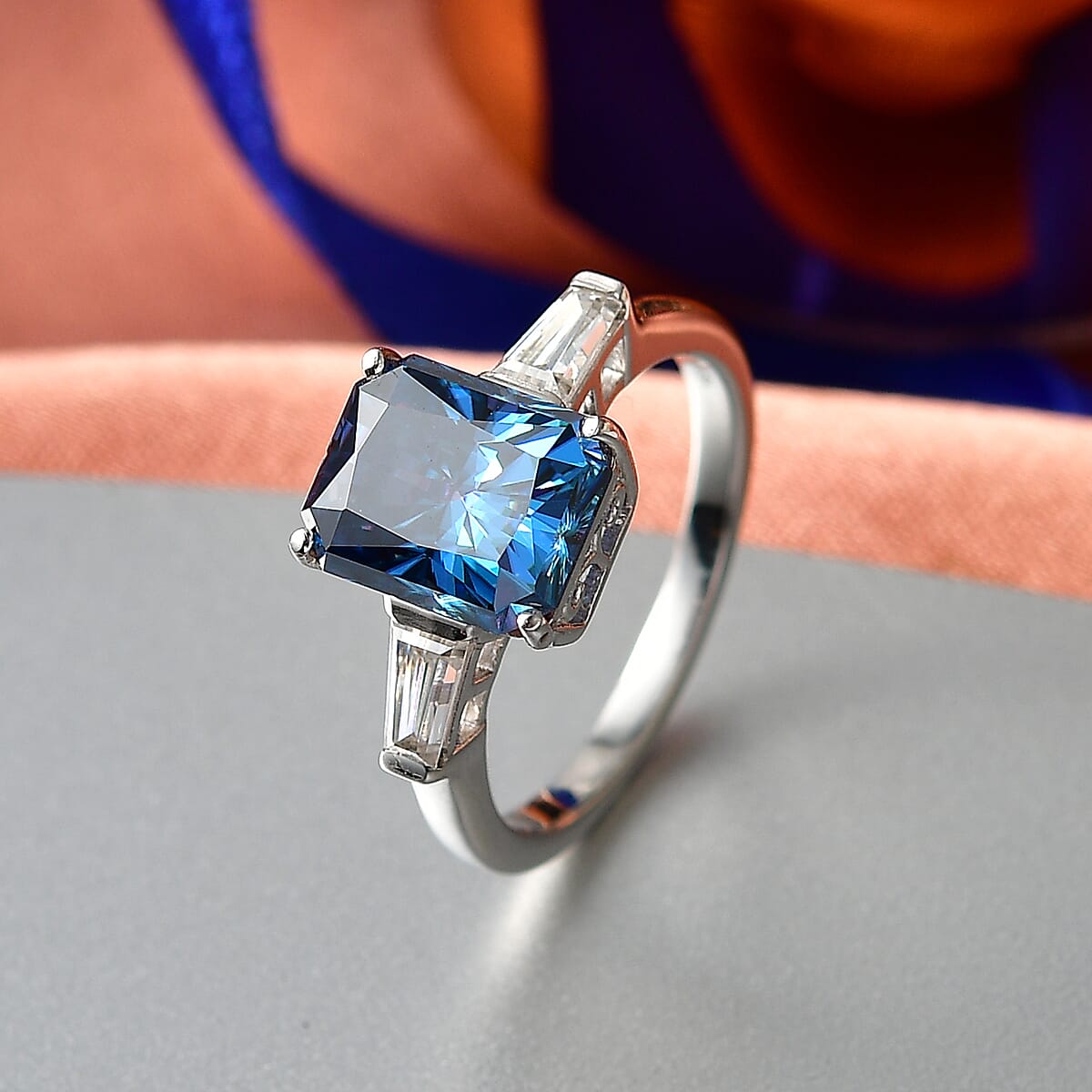 D'Joy Blue and White Moissanite 3.80 ctw Eternal Prism Ring in Rhodium Over Sterling Silver (Size 10.0) image number 1