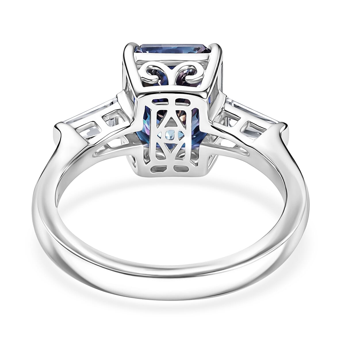 D'Joy Blue and White Moissanite 3.80 ctw Eternal Prism Ring in Rhodium Over Sterling Silver (Size 10.0) image number 4