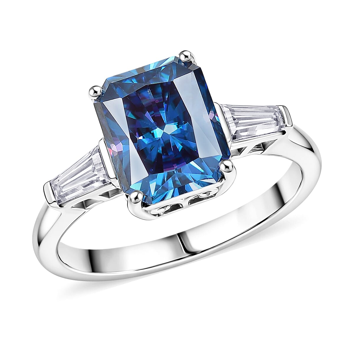 D'Joy Blue and White Moissanite 3.80 ctw Eternal Prism Ring in Rhodium Over Sterling Silver (Size 9.0) image number 0