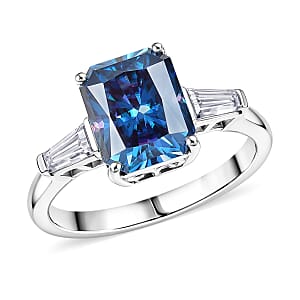 D'Joy Blue and White Moissanite 3.80 ctw Eternal Prism Ring in Rhodium Over Sterling Silver (Size 9.0)