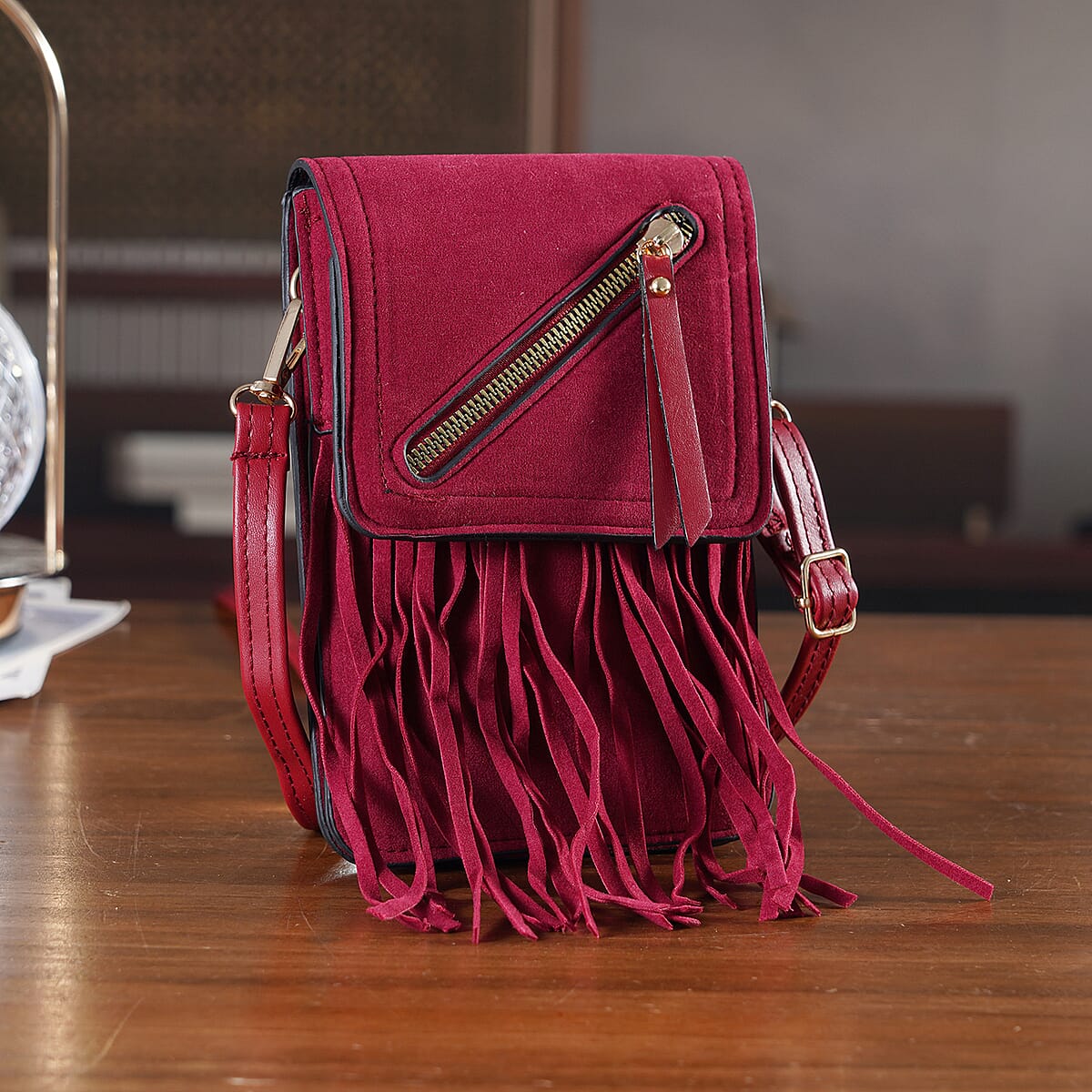 La Marey Burgundy Faux Leather Tassel Crossbody Bag with 2 Shoulder Strap image number 1