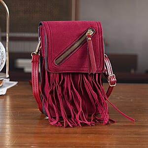 La Marey Burgundy Faux Leather Tassel Crossbody Bag with 2 Shoulder Strap