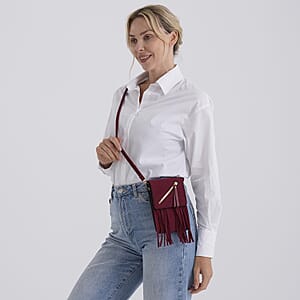 La Marey Burgundy Faux Leather Tassel Crossbody Bag with 2 Shoulder Strap