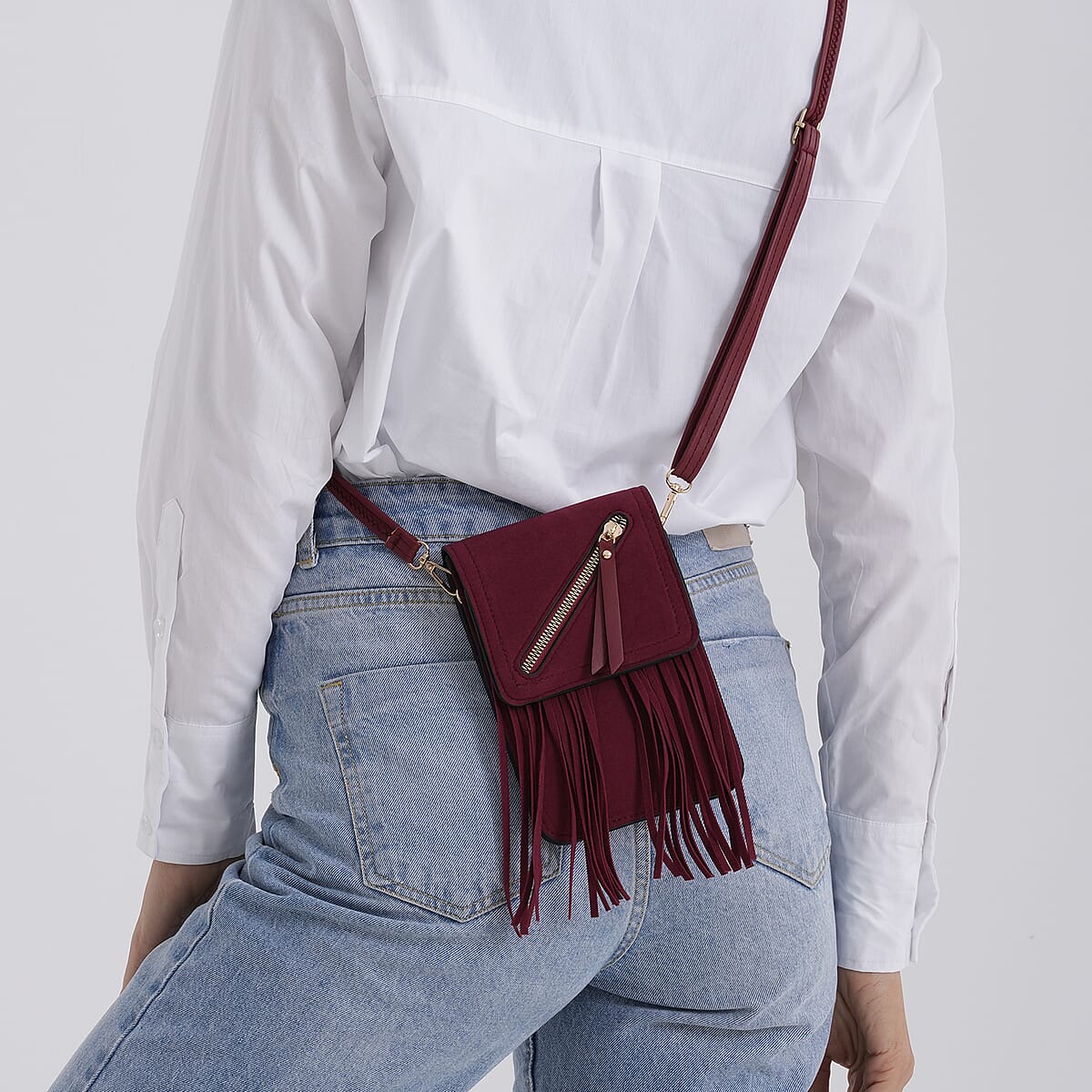 La Marey Burgundy Faux Leather Tassel Crossbody Bag with 2 Shoulder Strap image number 3