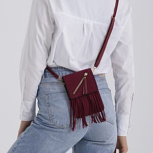 La Marey Burgundy Faux Leather Tassel Crossbody Bag with 2 Shoulder Strap