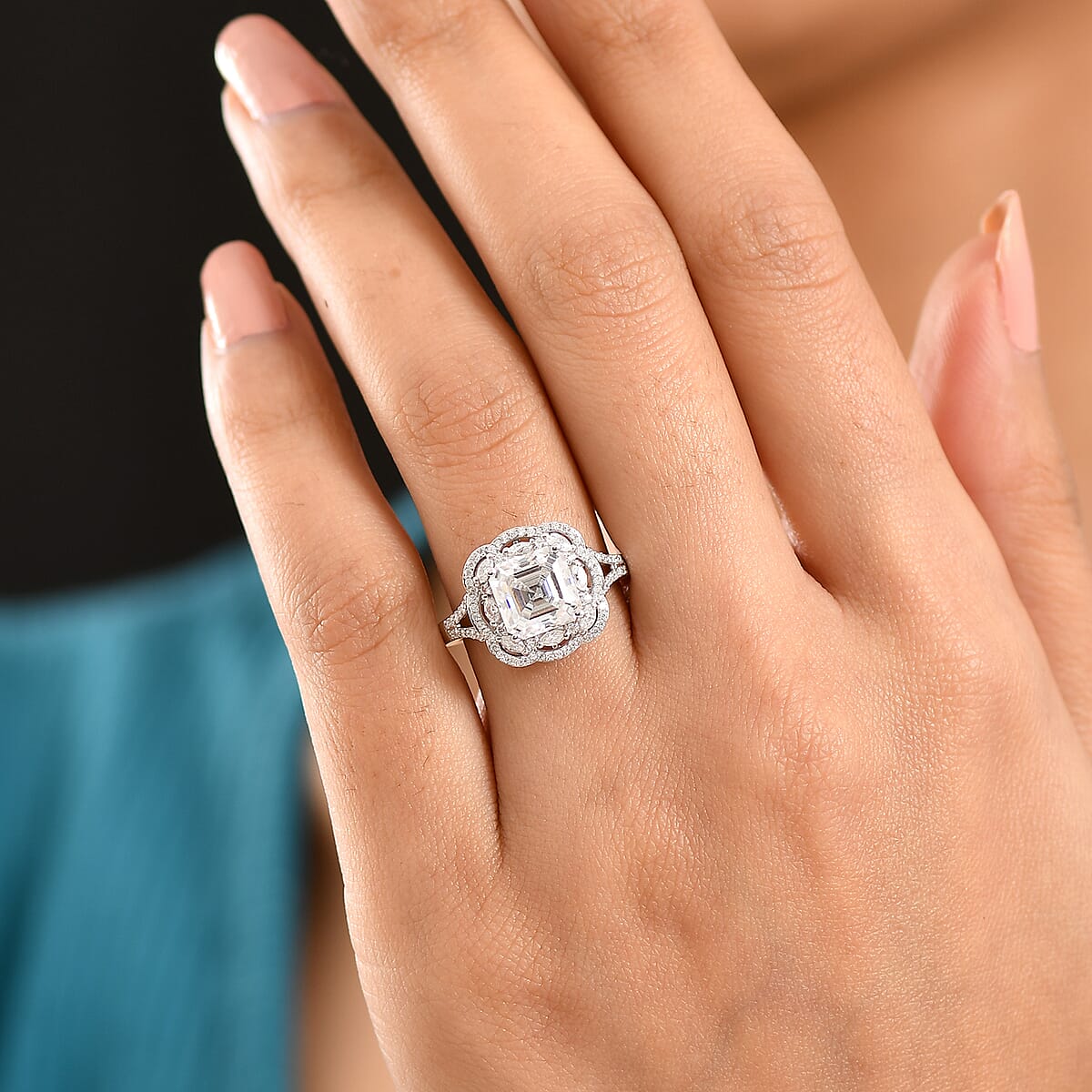 D'Joy Moissanite (Oct 8x8mm) Ring in Rhodium Over Sterling Silver (Size 10.0) 3.30 ctw image number 2