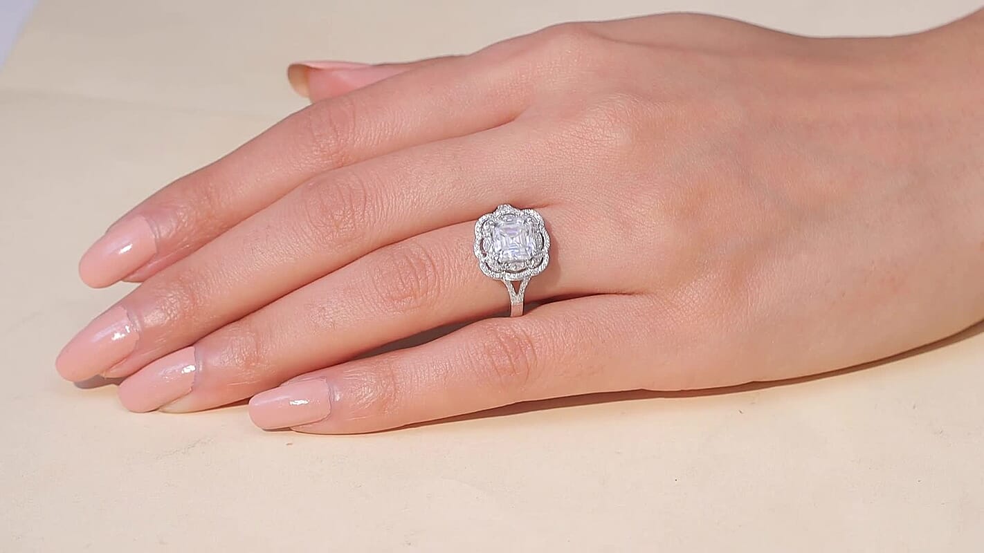 D'Joy Moissanite (Oct 8x8mm) Ring in Rhodium Over Sterling Silver (Size 10.0) 3.30 ctw