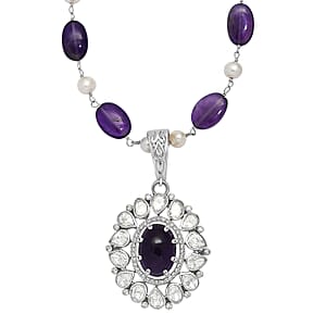 D'Joy Indian Artisan Crafted African Amethyst and Multi Gemstone 13.40 ctw Necklace in Rhodium Over Sterling Silver 18 Inches