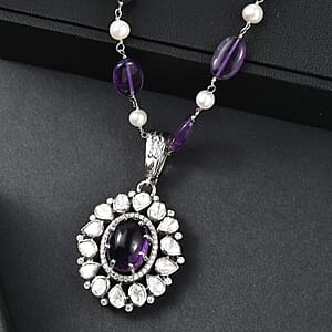 D'Joy Indian Artisan Crafted Premium African Amethyst and Multi Gemstone 13.40 ctw Necklace in Rhodium Over Sterling Silver 18 Inches