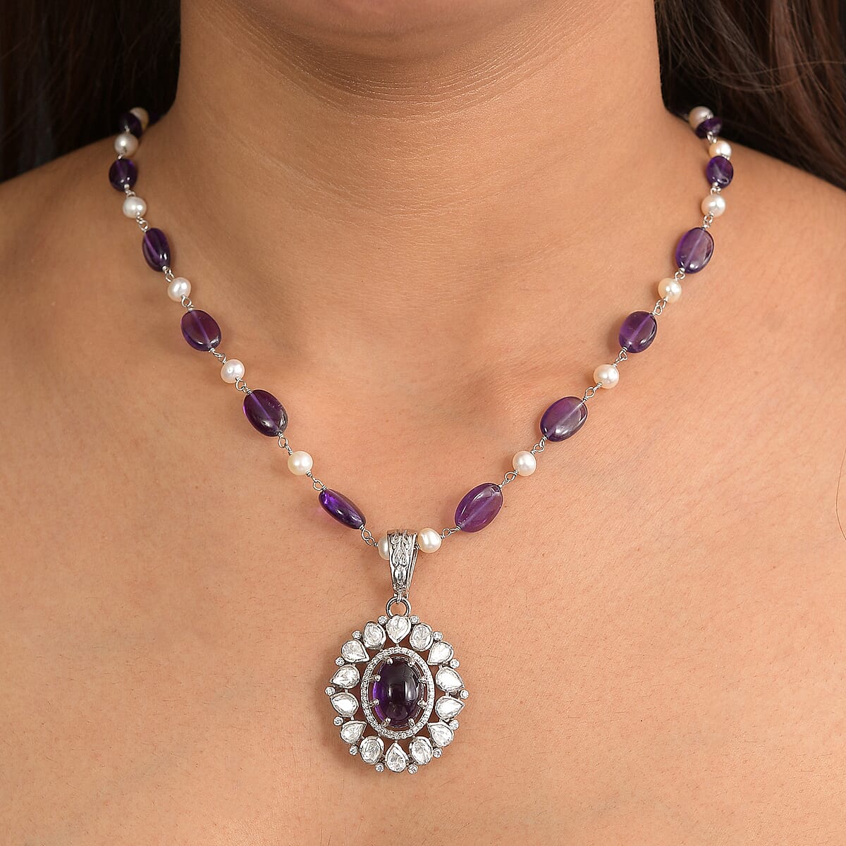 D'Joy Indian Artisan Crafted African Amethyst and Multi Gemstone 13.40 ctw Necklace in Rhodium Over Sterling Silver 18 Inches image number 2
