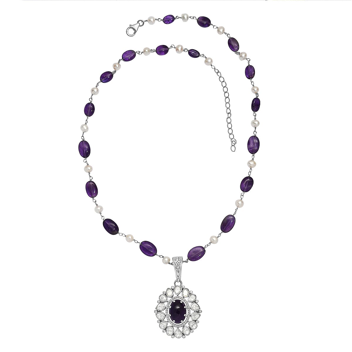 D'Joy Indian Artisan Crafted African Amethyst and Multi Gemstone 13.40 ctw Necklace in Rhodium Over Sterling Silver 18 Inches image number 3