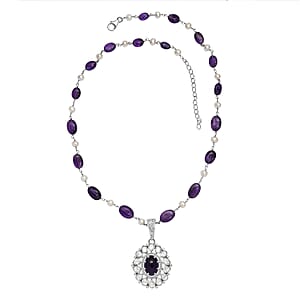 D'Joy Indian Artisan Crafted Premium African Amethyst and Multi Gemstone 13.40 ctw Necklace in Rhodium Over Sterling Silver 18 Inches
