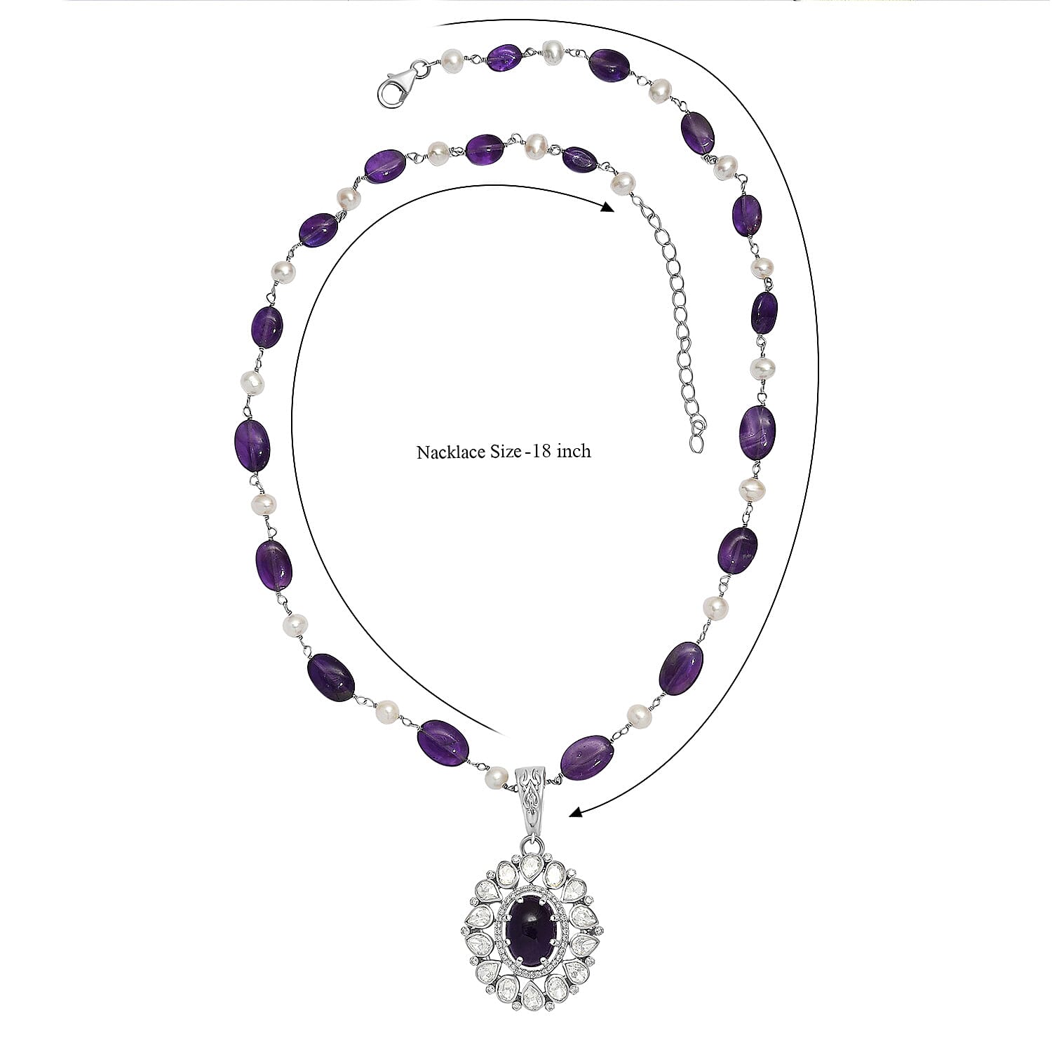 D'Joy Indian Artisan Crafted Premium African Amethyst and Multi Gemstone 13.40 ctw Necklace in Rhodium Over Sterling Silver 18 Inches
