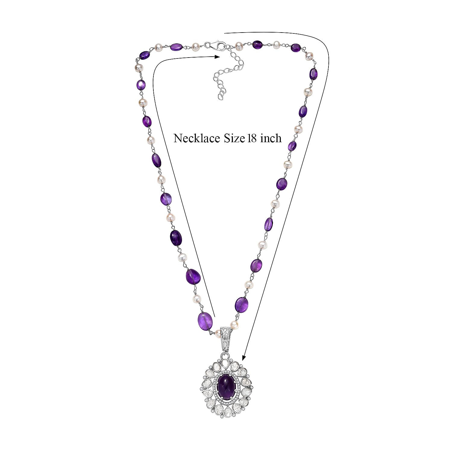 D'Joy Indian Artisan Crafted Premium African Amethyst and Multi Gemstone 13.40 ctw Necklace in Rhodium Over Sterling Silver 18 Inches