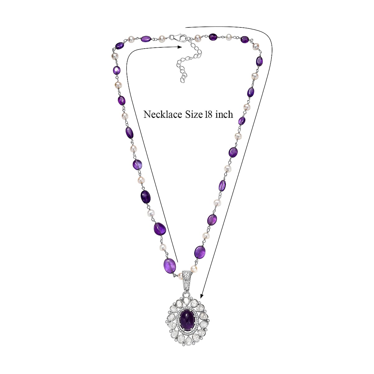D'Joy Indian Artisan Crafted Premium African Amethyst and Multi Gemstone 13.40 ctw Necklace in Rhodium Over Sterling Silver 18 Inches image number 6