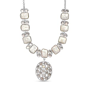 D'Joy Indian Artisan Crafted Polki Moissanite 9.00 ctw and Freshwater Pearl Necklace in Rhodium Over Sterling Silver 18 Inches