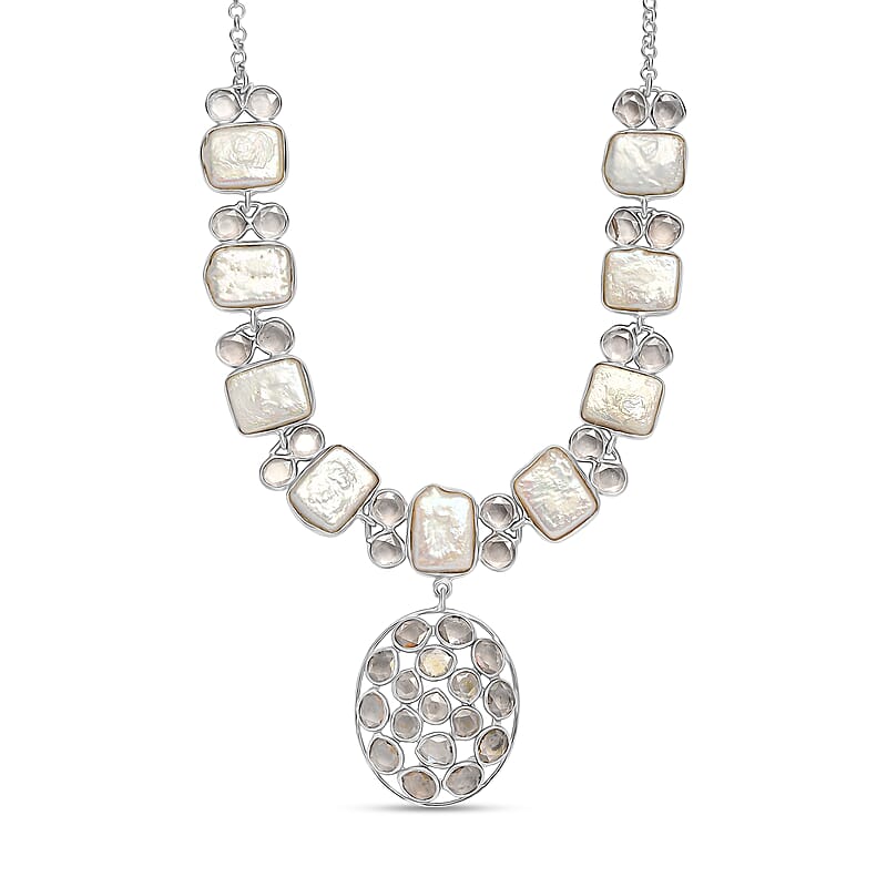 D'Joy Indian Artisan Crafted Polki Moissanite and Freshwater Pearl 9.00 ctw Necklace in Rhodium Over Sterling Silver 18 Inches