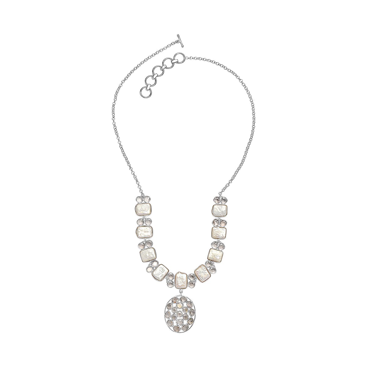 D'Joy Indian Artisan Crafted Polki Moissanite 9.00 ctw and Freshwater Pearl Necklace in Rhodium Over Sterling Silver 18 Inches image number 3