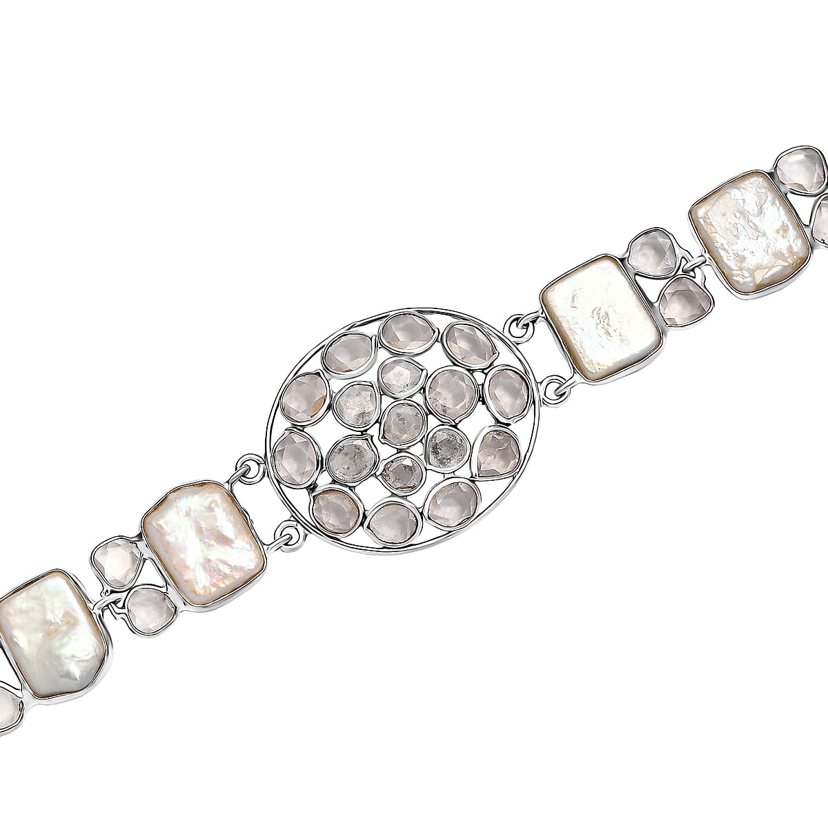 D'Joy Indian Artisan Crafted Polki Moissanite 8.10 ctw and Freshwater Pearl Bracelet in Rhodium Over Sterling Silver (7.25 In) image number 0