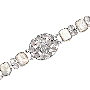 D'Joy Indian Artisan Crafted Polki Moissanite 8.10 ctw and Freshwater Pearl Bracelet in Rhodium Over Sterling Silver (7.25 In)