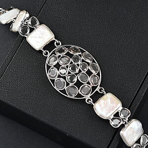 D'Joy Indian Artisan Crafted Polki Moissanite 8.10 ctw and Freshwater Pearl Bracelet in Rhodium Over Sterling Silver (7.25 In)